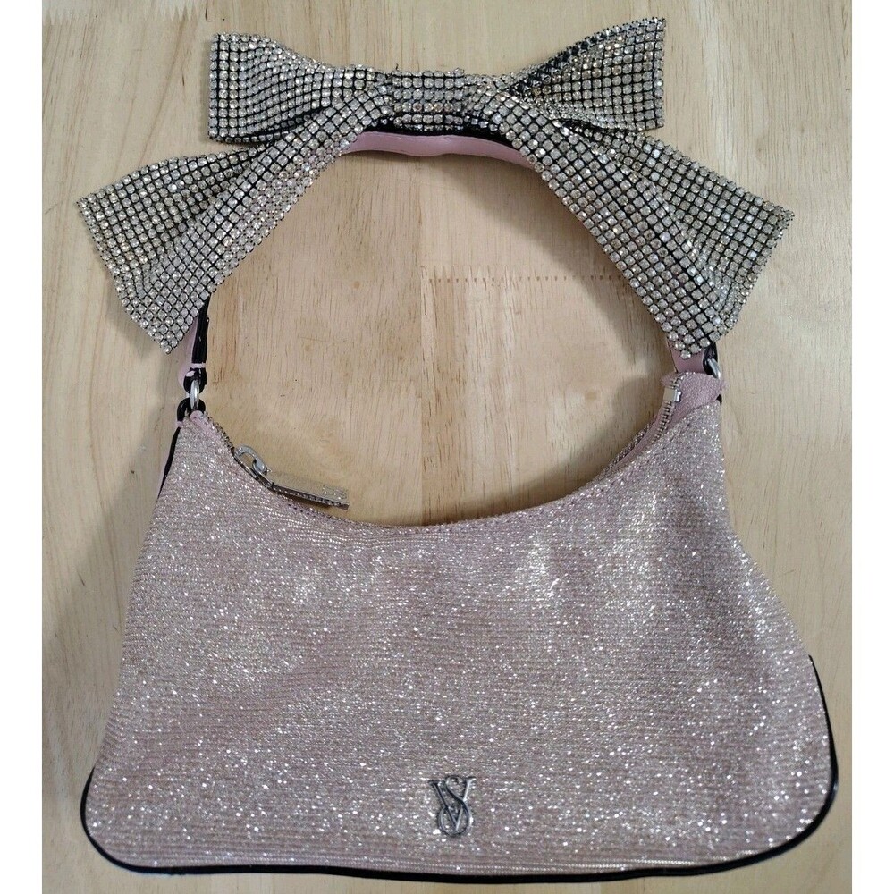 VICTORIA'S SECRET Mini Curve Pink Bling RHINESTONE BOW Bag Shiny NWOT 8" W X 10H
